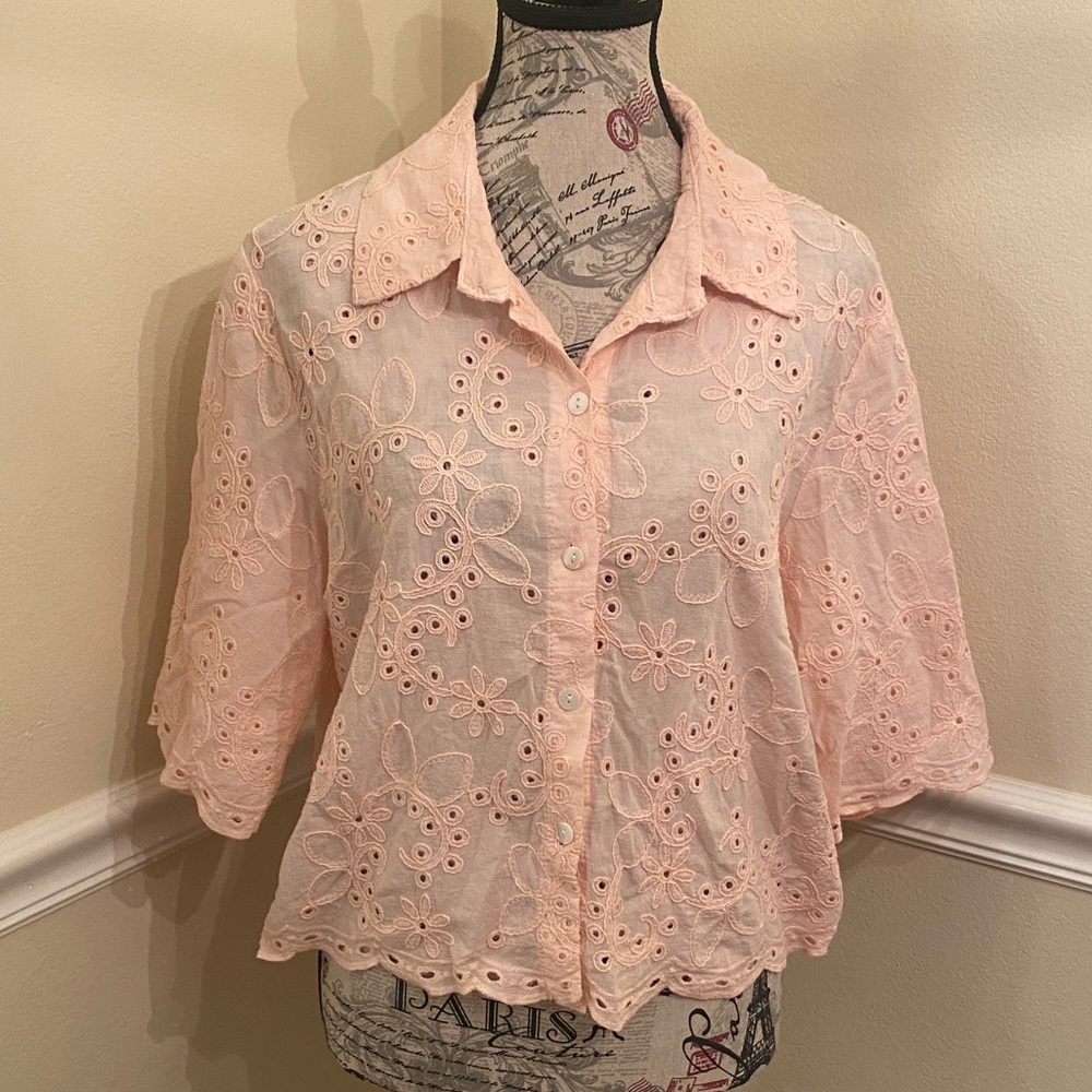 Astrid Pink Floral Embroidered Blouse 🌸 Made in Italy Romantic Eyelet Top Size L - Picture 3 of 10